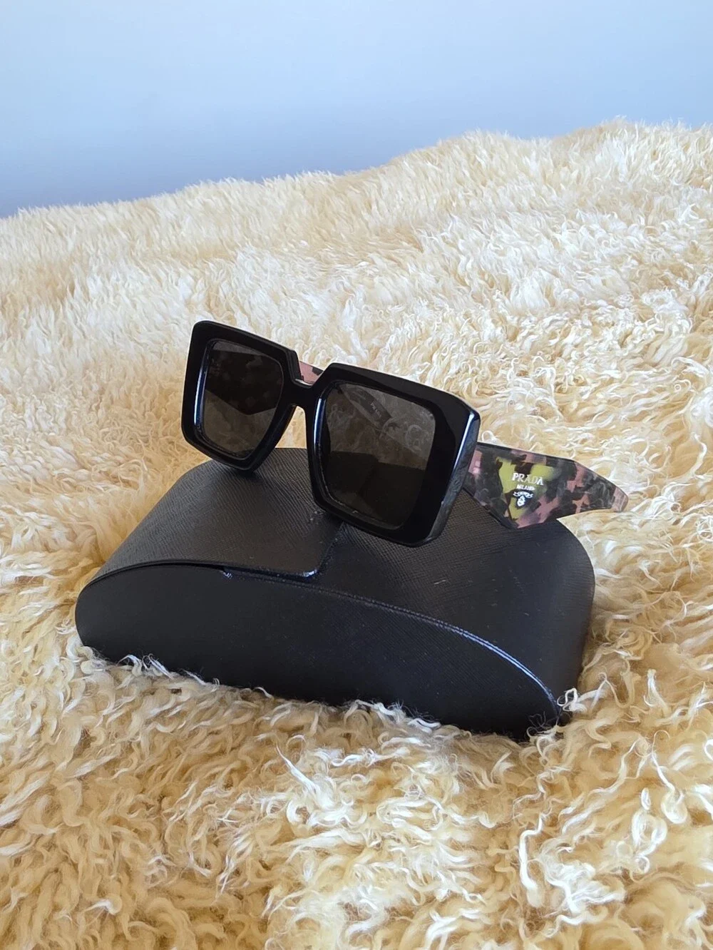 Black Prada Oversized Square Black Tortoise Shell Sunglasses With Matching Case